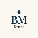 Logotipo da BM Store com ícone em forma de gota e tipografia elegante em azul marinho sobre fundo claro