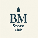 Logotipo da BM Store com ícone em forma de gota e tipografia elegante em azul marinho sobre fundo claro